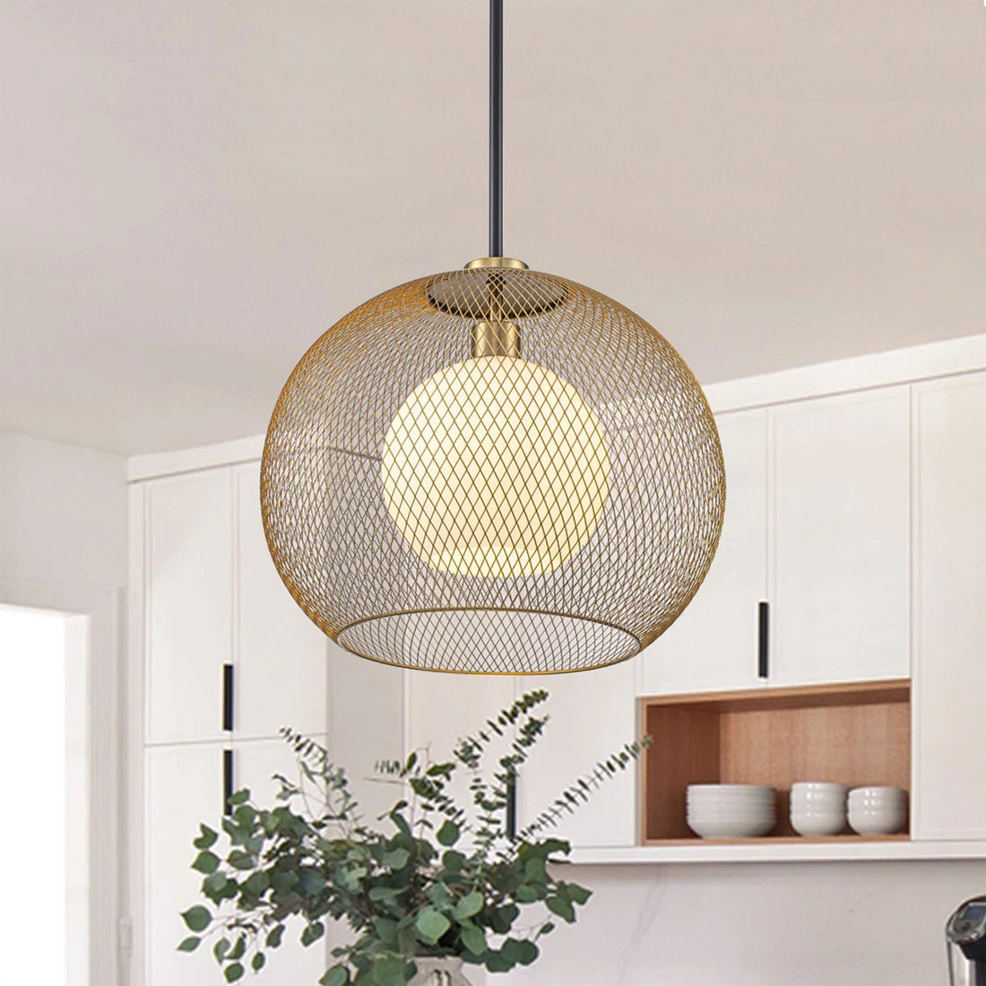 15.75 in. 1-Light Gold Globe Metal Cage Convertible Pendant and Semi-Flush Mount Ceiling Light