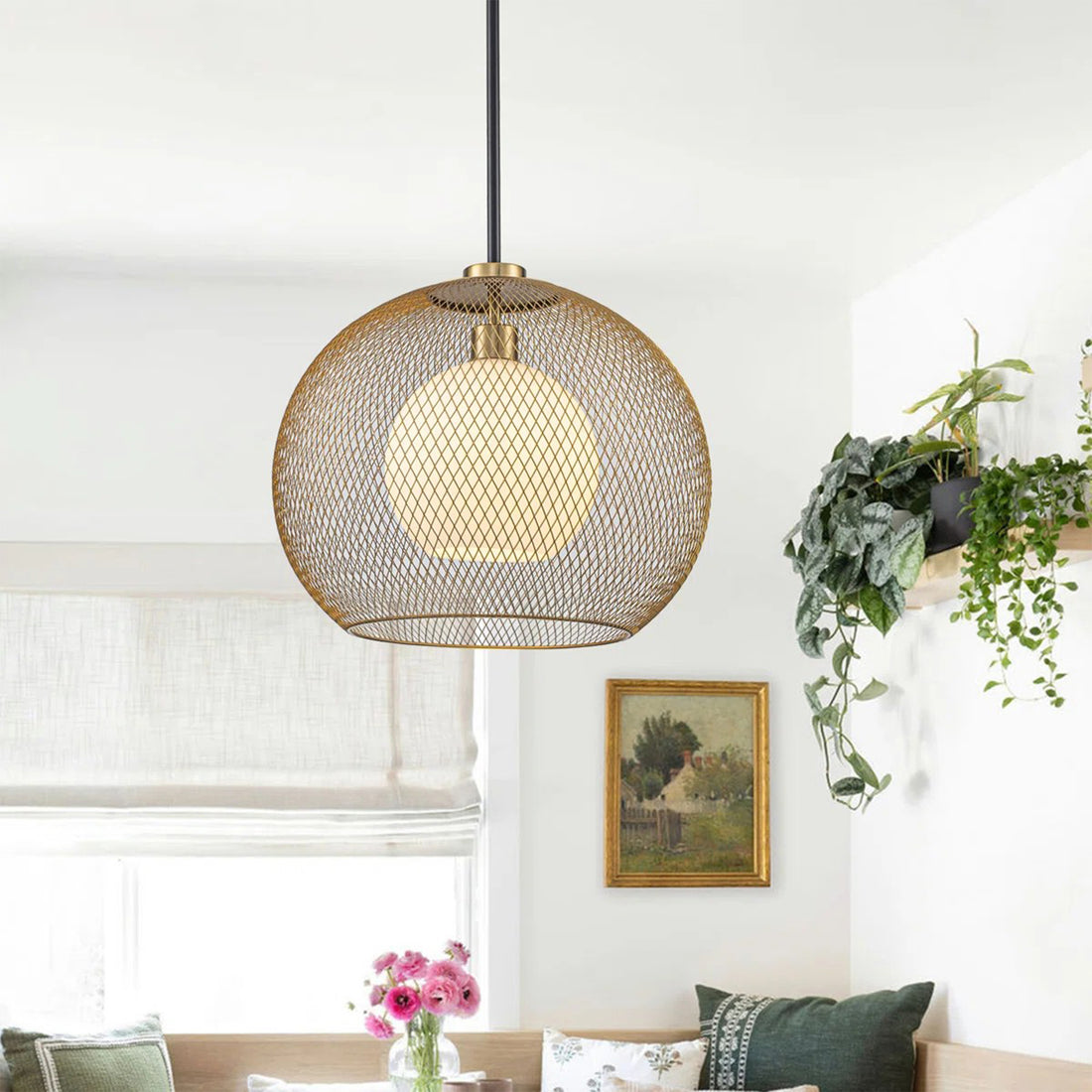 15.75 in. 1-Light Gold Globe Metal Cage Convertible Pendant and Semi-Flush Mount Ceiling Light