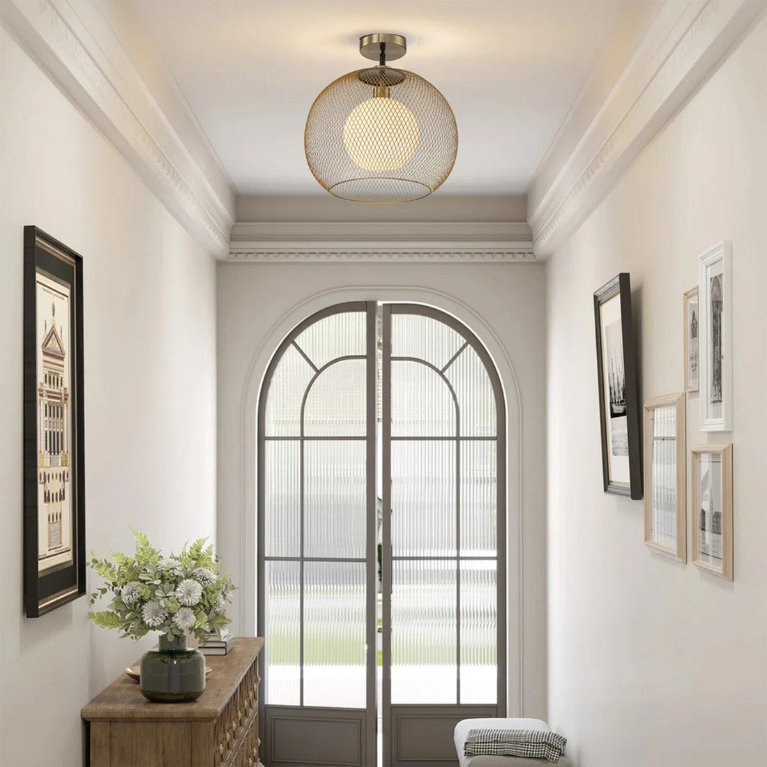 15.75 in. 1-Light Gold Globe Metal Cage Convertible Pendant and Semi-Flush Mount Ceiling Light