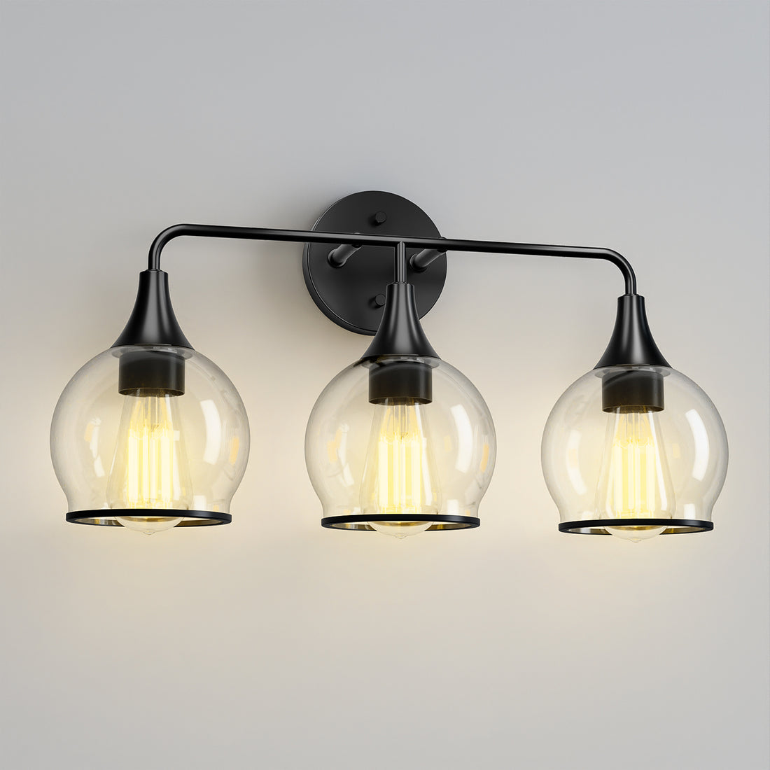 22 in. 3-Light Black Classic Traditional Bathroom Vanity Light with Clear Globe Glass Shades