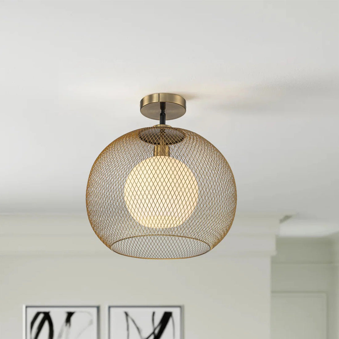 15.75 in. 1-Light Gold Globe Metal Cage Convertible Pendant and Semi-Flush Mount Ceiling Light