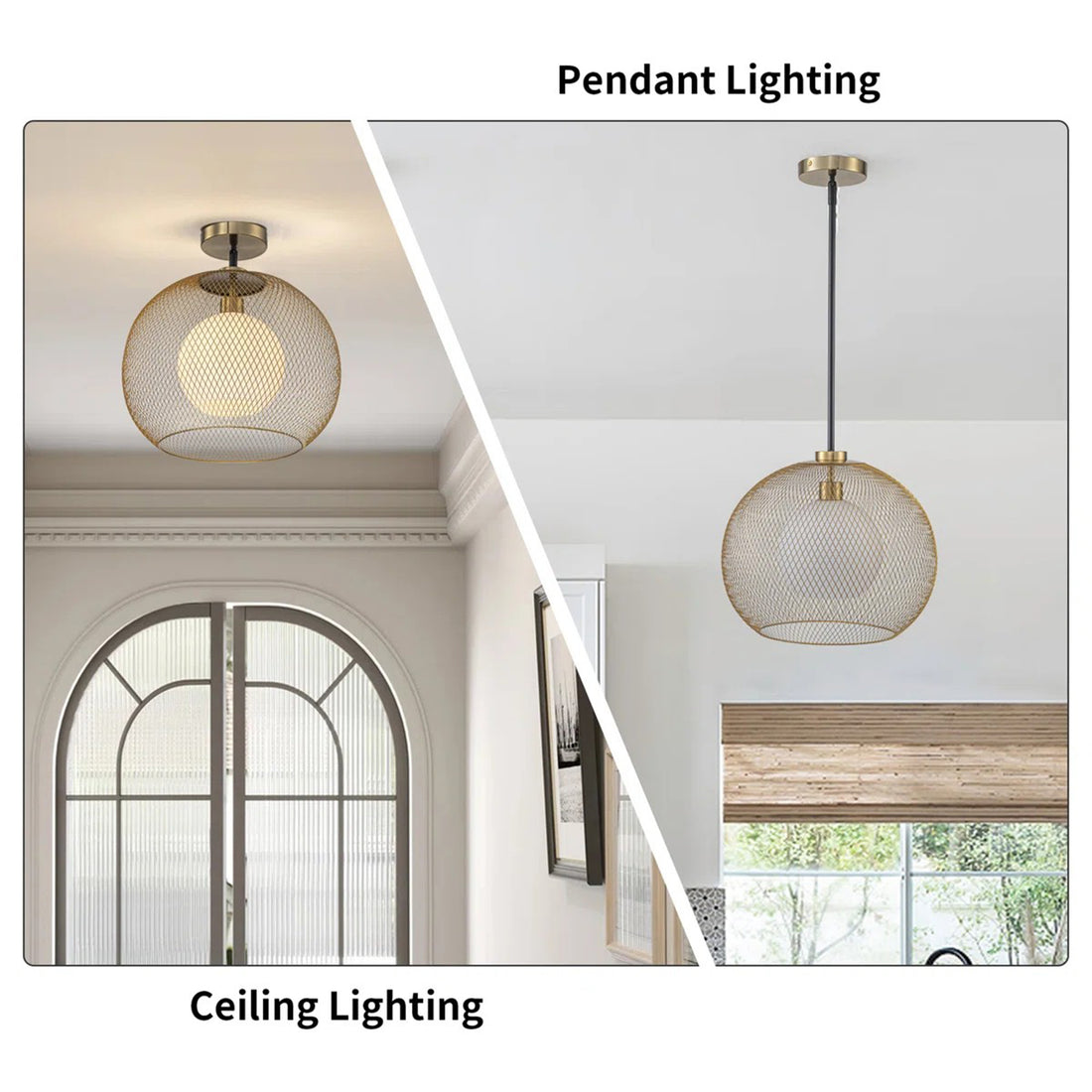 15.75 in. 1-Light Gold Globe Metal Cage Convertible Pendant and Semi-Flush Mount Ceiling Light