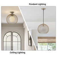15.75 in. 1-Light Gold Globe Metal Cage Convertible Pendant and Semi-Flush Mount Ceiling Light