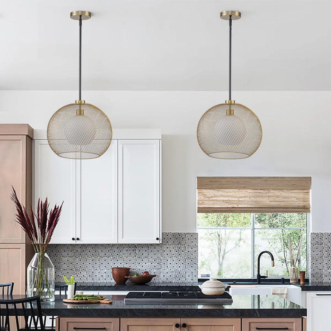 15.75 in. 1-Light Gold Globe Metal Cage Convertible Pendant and Semi-Flush Mount Ceiling Light