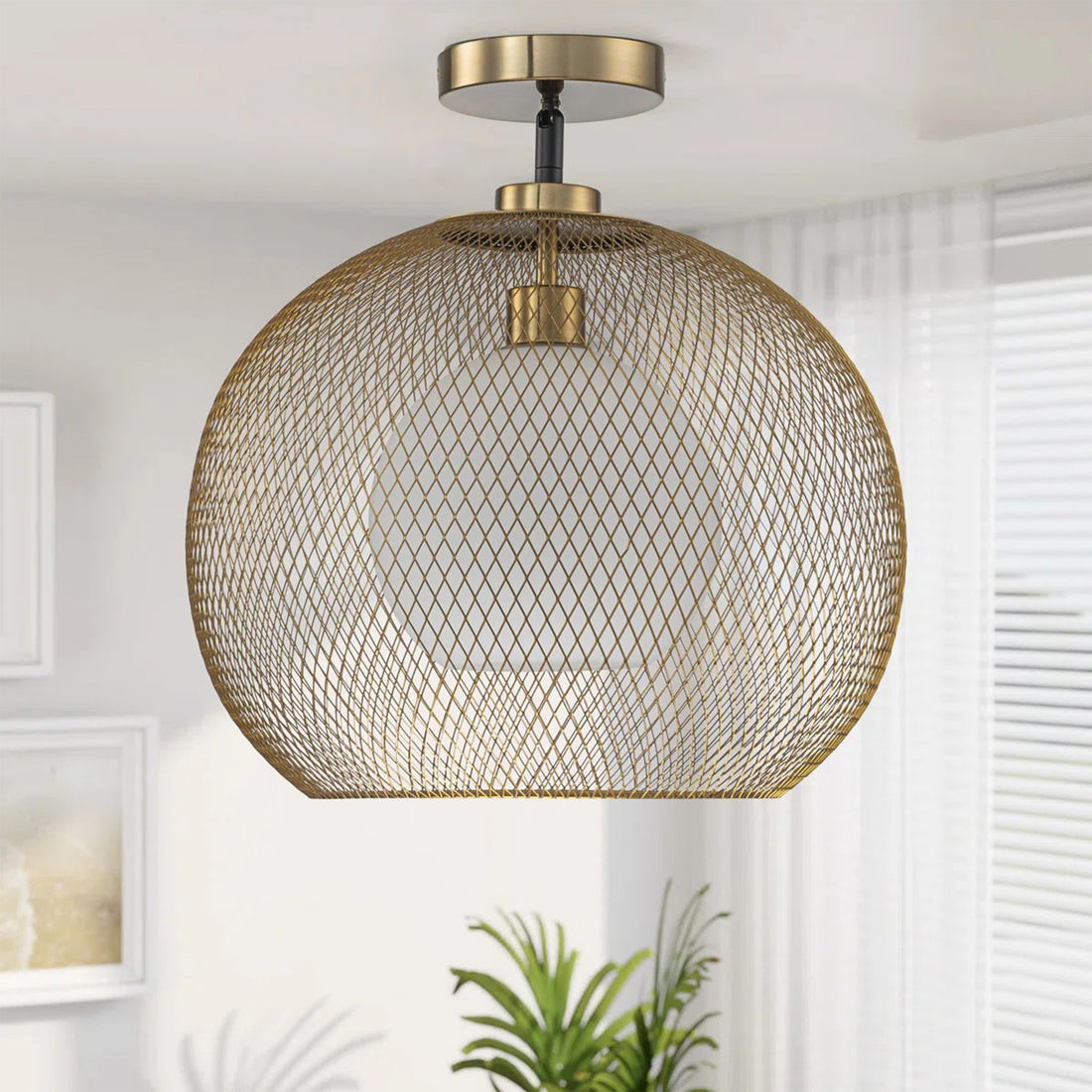 15.75 in. 1-Light Gold Globe Metal Cage Convertible Pendant and Semi-Flush Mount Ceiling Light