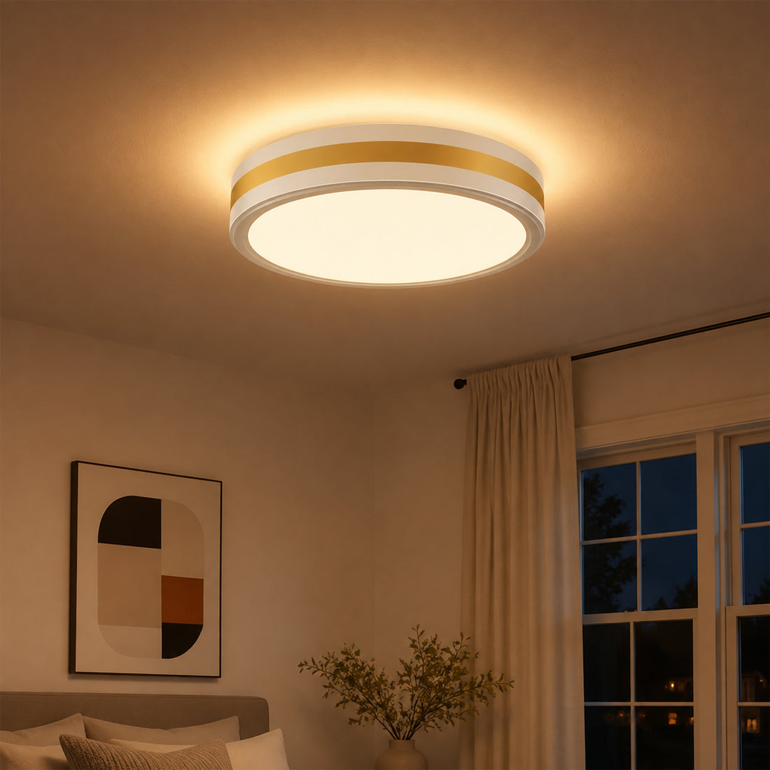 Modern White Gold Integrated LED 5 CCT Flush Mount Ceiling Light with Night Light for Bedroom Kitchen - 3 Size