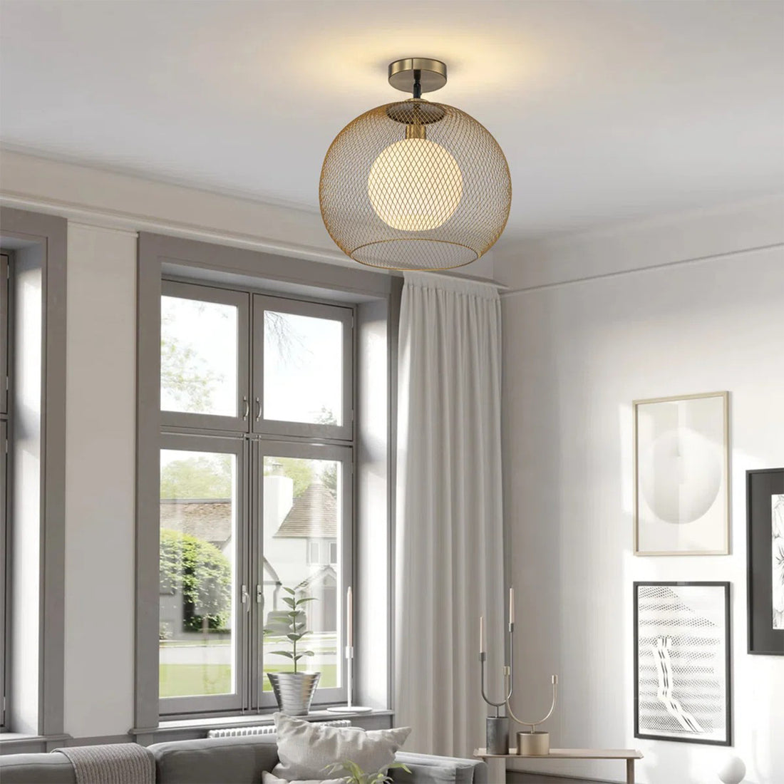 15.75 in. 1-Light Gold Globe Metal Cage Convertible Pendant and Semi-Flush Mount Ceiling Light