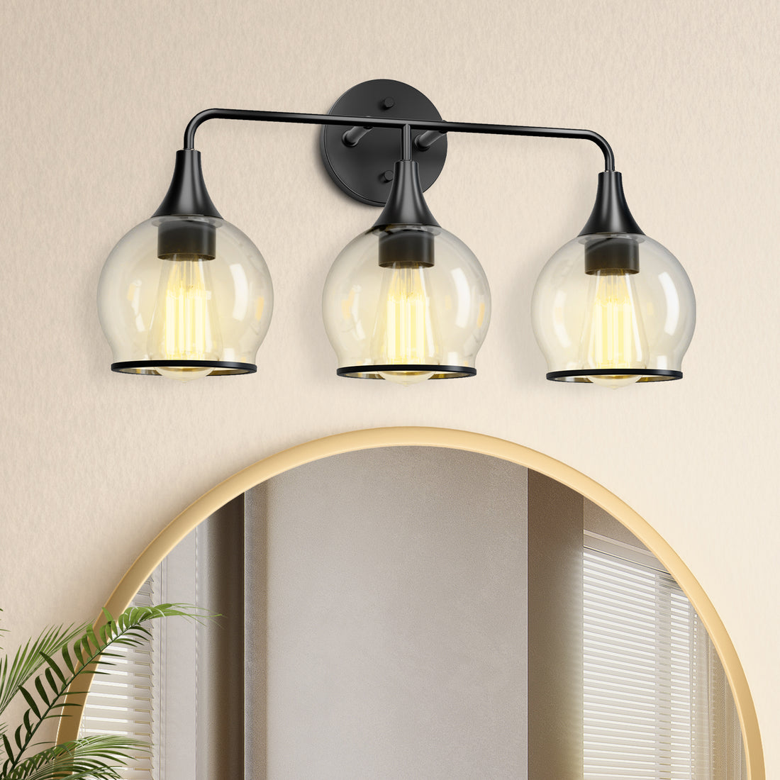 22 in. 3-Light Black Classic Traditional Bathroom Vanity Light with Clear Globe Glass Shades