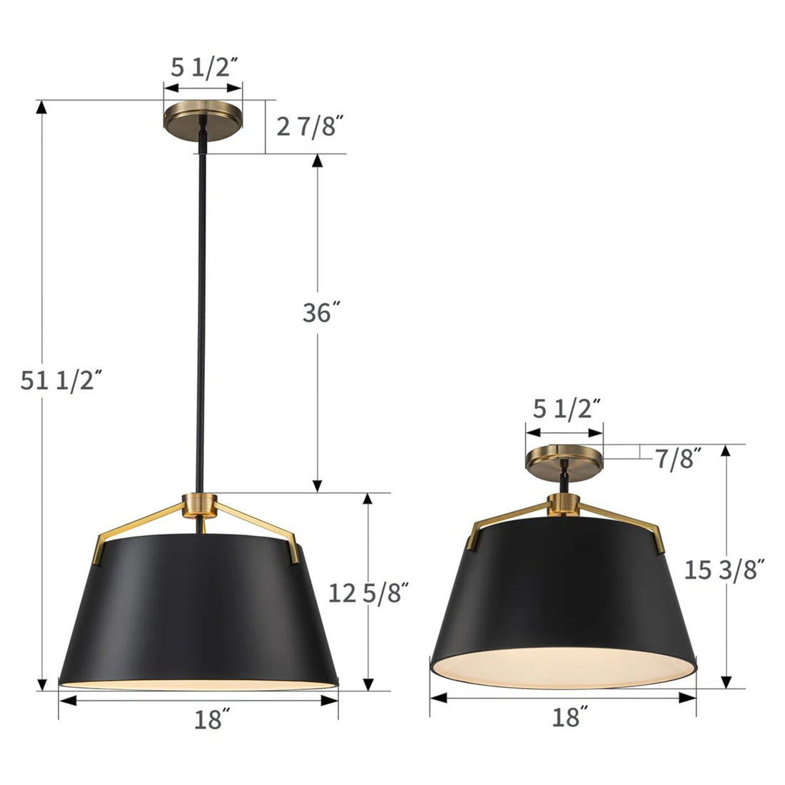 18 in. 3-Light Black and Gold Convertible Drum Pendant and Semi-Flush Mount Ceiling Light