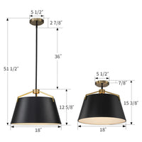18 in. 3-Light Black and Gold Convertible Drum Pendant and Semi-Flush Mount Ceiling Light