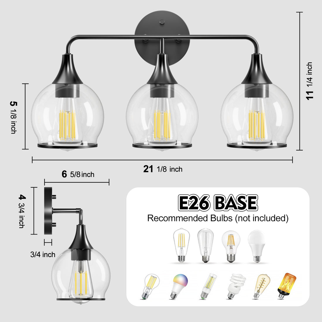 22 in. 3-Light Black Classic Traditional Bathroom Vanity Light with Clear Globe Glass Shades