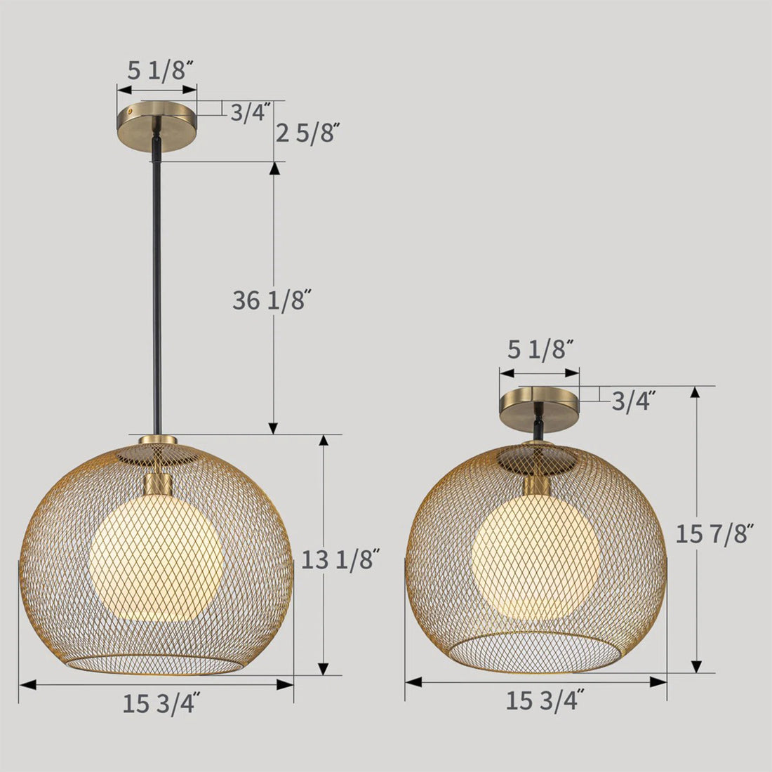 15.75 in. 1-Light Gold Globe Metal Cage Convertible Pendant and Semi-Flush Mount Ceiling Light