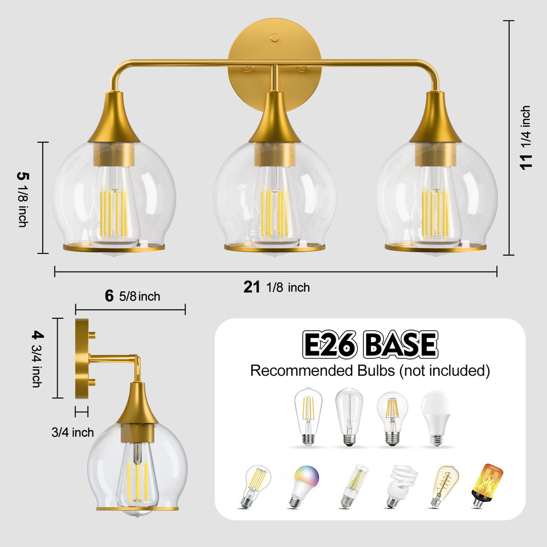 22 in. 3-Light Black Classic Traditional Bathroom Vanity Light with Clear Globe Glass Shades