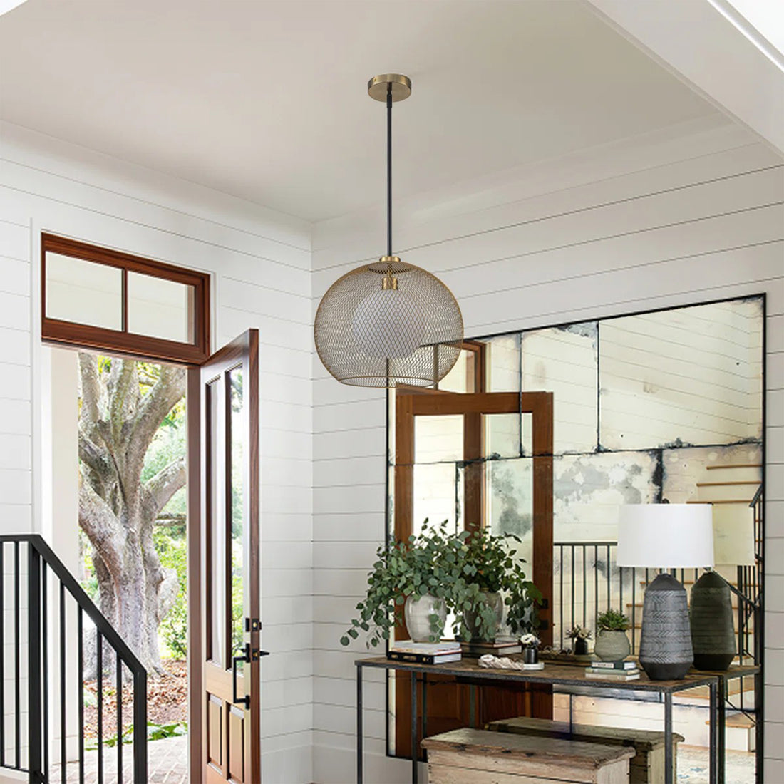 15.75 in. 1-Light Gold Globe Metal Cage Convertible Pendant and Semi-Flush Mount Ceiling Light