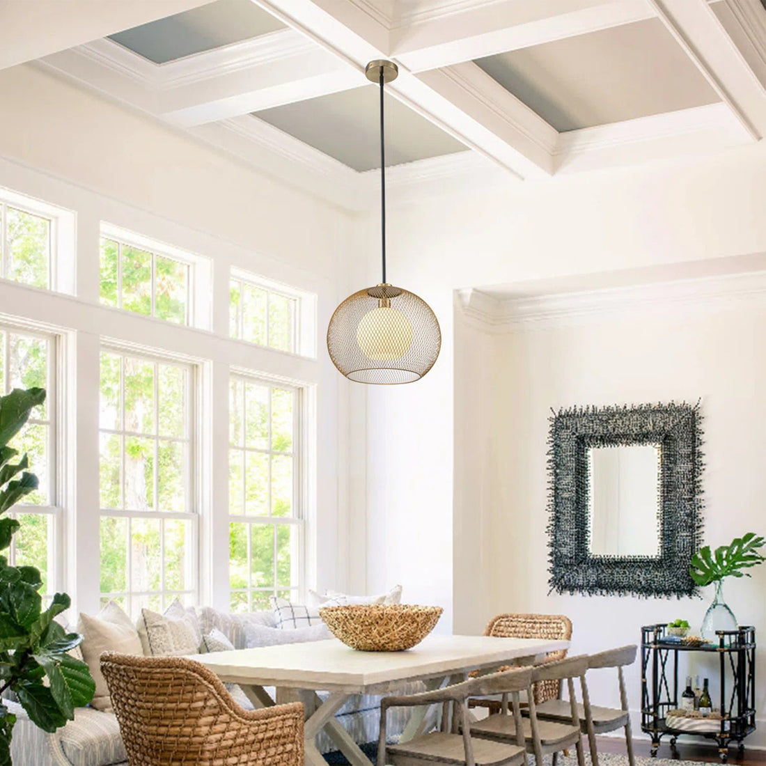 15.75 in. 1-Light Gold Globe Metal Cage Convertible Pendant and Semi-Flush Mount Ceiling Light