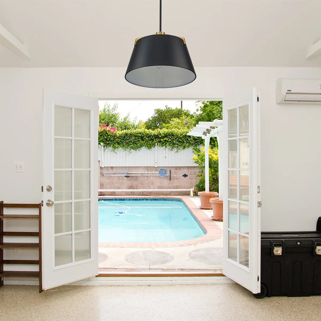 18 in. 3-Light Black and Gold Convertible Drum Pendant and Semi-Flush Mount Ceiling Light