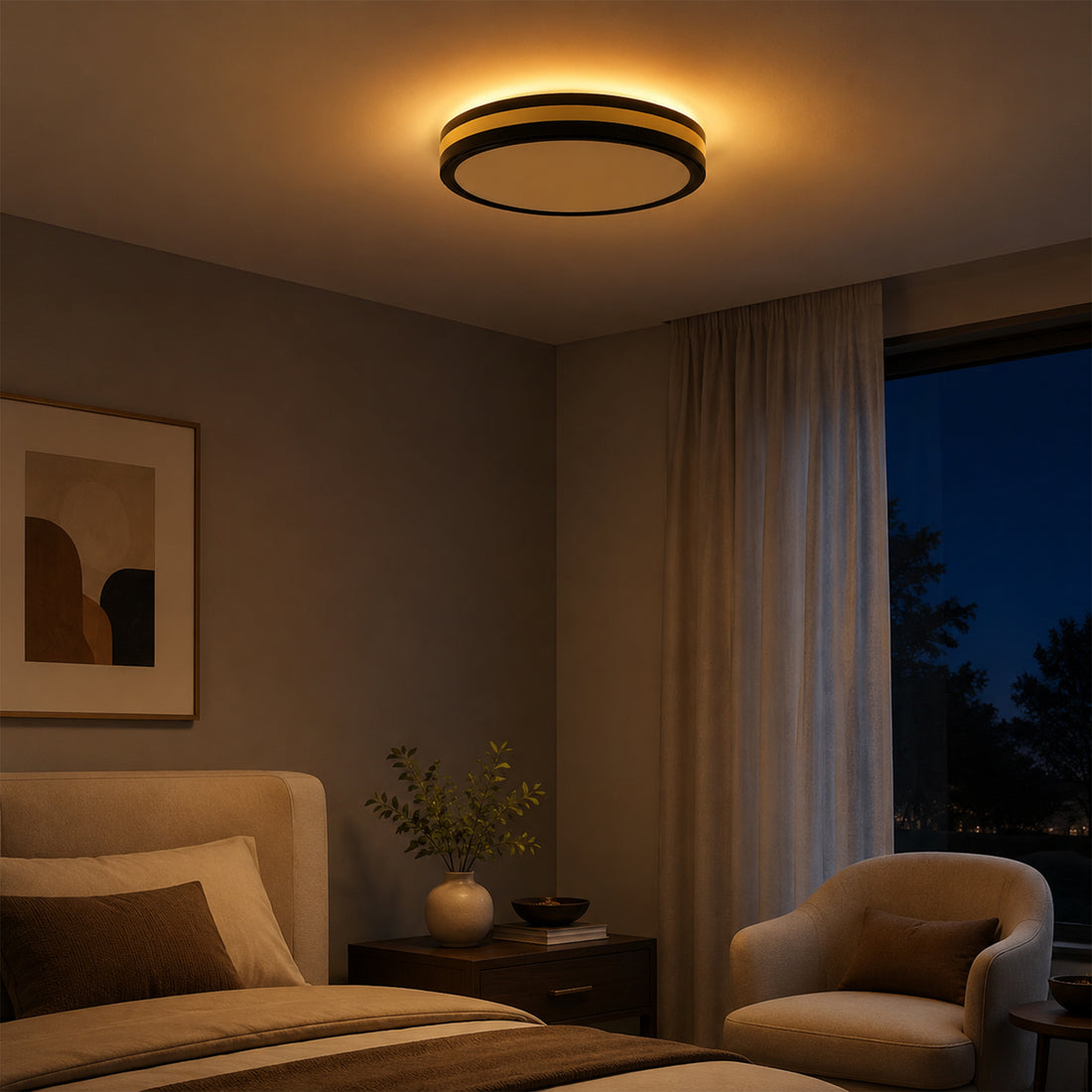 Modern Black Gold Integrated LED 5 CCT Flush Mount Ceiling Light with Night Light for Bedroom Kitchen - 3 Size