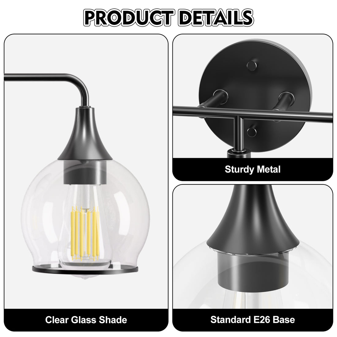 22 in. 3-Light Black Classic Traditional Bathroom Vanity Light with Clear Globe Glass Shades