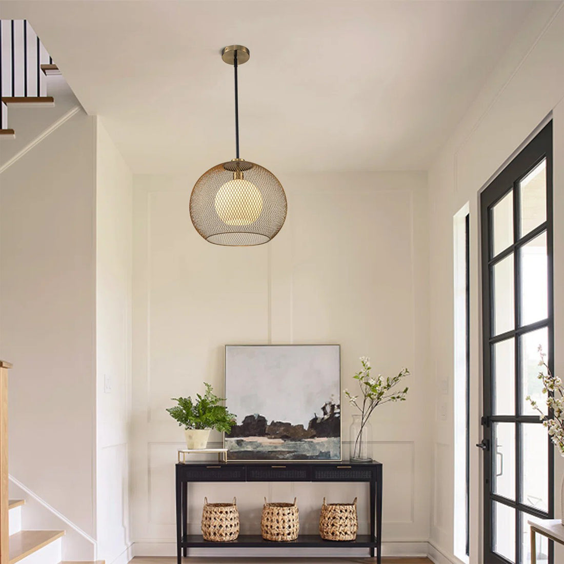 15.75 in. 1-Light Gold Globe Metal Cage Convertible Pendant and Semi-Flush Mount Ceiling Light