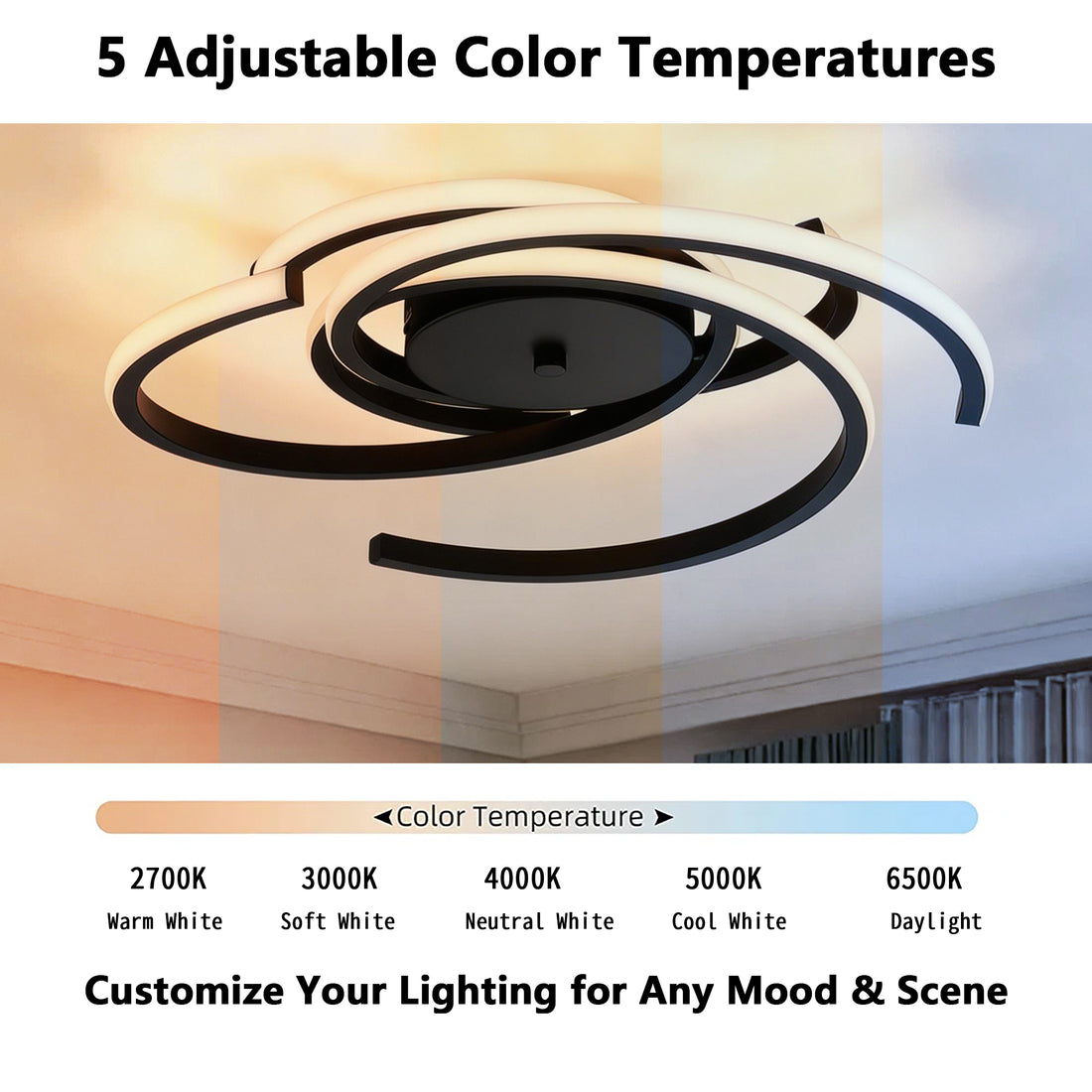 22 in. 3-Light Black Modern Spiral Integrated LED 5CCT Flush Mount Ceiling Light Fixture for Bedroom Kitchen