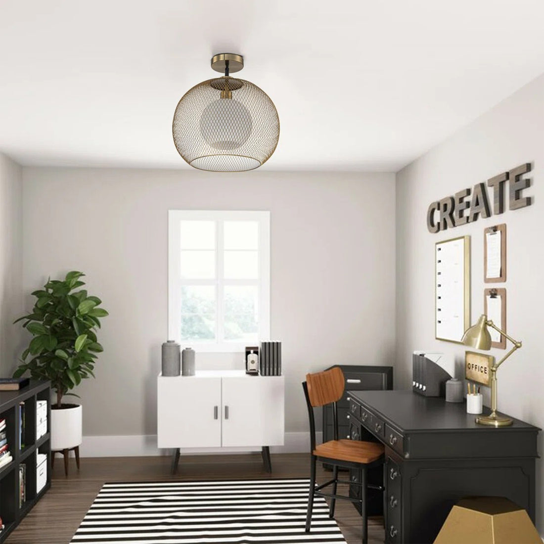 15.75 in. 1-Light Gold Globe Metal Cage Convertible Pendant and Semi-Flush Mount Ceiling Light