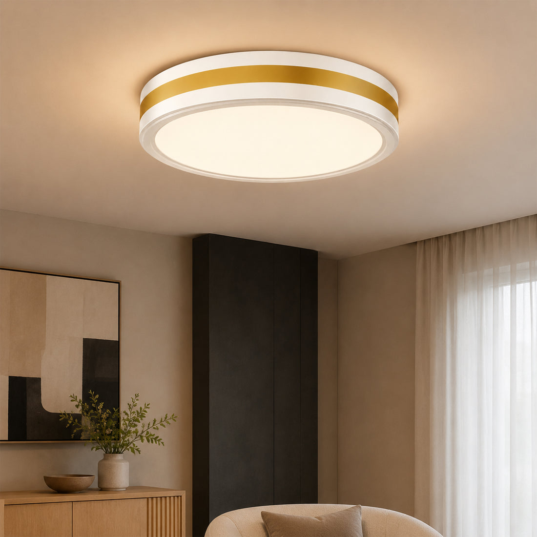 Modern White Gold Integrated LED 5 CCT Flush Mount Ceiling Light with Night Light for Bedroom Kitchen - 3 Size
