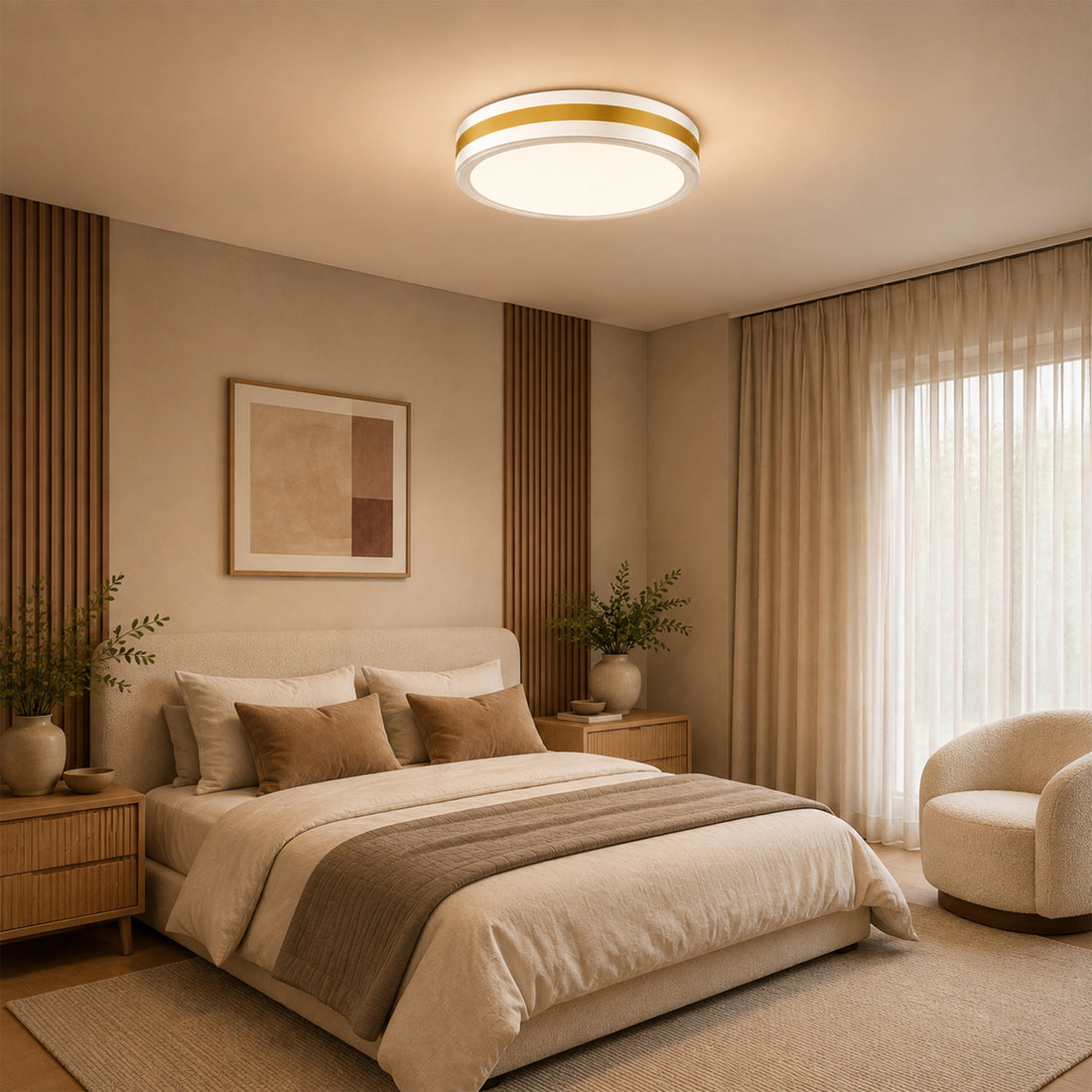 Modern White Gold Integrated LED 5 CCT Flush Mount Ceiling Light with Night Light for Bedroom Kitchen - 3 Size